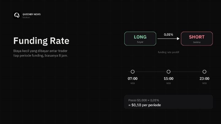 Funding rate diagram: longs pay shorts 0.01% per period, with funding at 07:00, 15:00 and 23:00 WIB